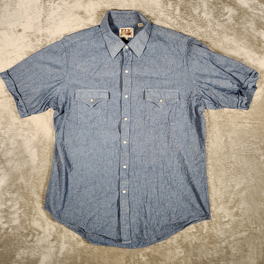 Ely Cattleman Shirt Mens Large Western Blue Pearl Snap Short Sleeve Cotton EUC